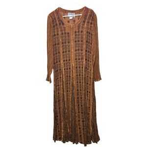 MPH Dress Women M 100% Rayon Maxi Folk Embroidered Boho Floral Brown vintage 70s